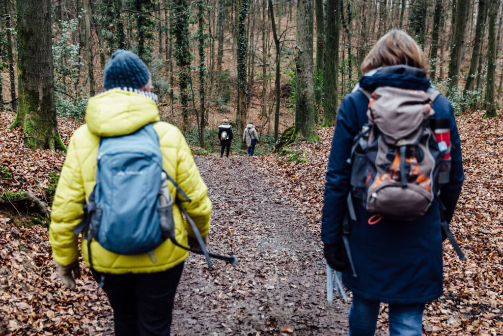 Zwei Wanderinnen im Wald von hinten